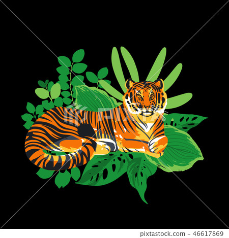 Graphic tiger having a rest among exotic leaves. 46617869