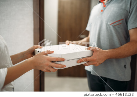 Pizza delivery man gives box to female client Pizza delivery man gives box to female client 46618128