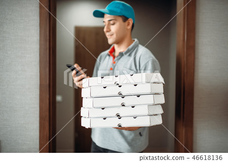 Pizza delivery boy calls to customer Pizza delivery boy calls to customer 46618136
