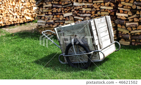 Wood and steel cart with rubber tire on green lawn Wood and steel cart with rubber tire on green lawn 46621502