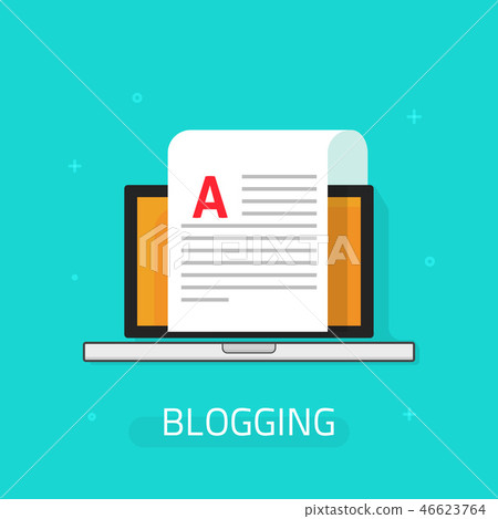 Blogging vector icon isolated on blue background, laptop paper sheet 46623764