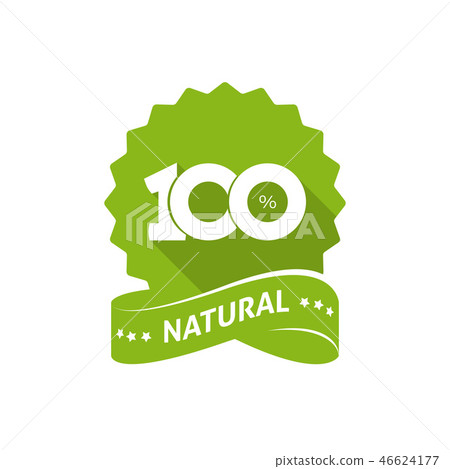 100 percent natural vector green label with ribbon isolated on white background, 100 percent natural 46624177
