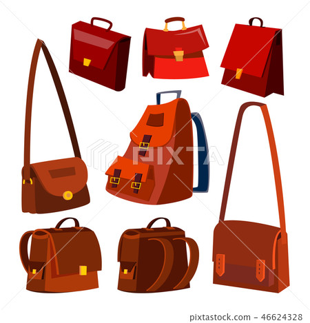 Brown Leather Bag Set Vector. Briefcase. For Male, Female. School And Business. Isolated Cartoon 46624328