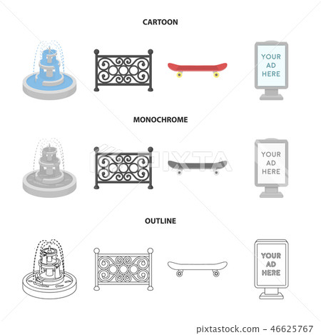 Fountain, fence, skate, billboard.Park set collection icons in cartoon,outline,monochrome style Fountain, fence, skate, billboard.Park set collection icons in cartoon,outline,monochrome style 46625767
