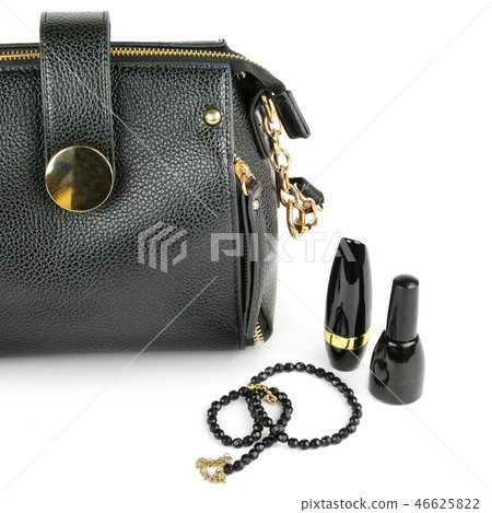 Bag, cosmetics and beads isolated on white 46625822