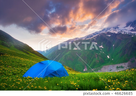 Tent in mountains at sunset Tent in mountains at sunset 46626685