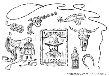 Set of cowboys. Western icons, Texas Rangers. Wild West. Portrait of a criminal man, sheriff and Set of cowboys. Western icons, Texas Rangers. Wild West. Portrait of a criminal man, sheriff and 46627057
