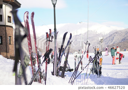 Alpine snowboards winter sports resort snow mountains, 46627520