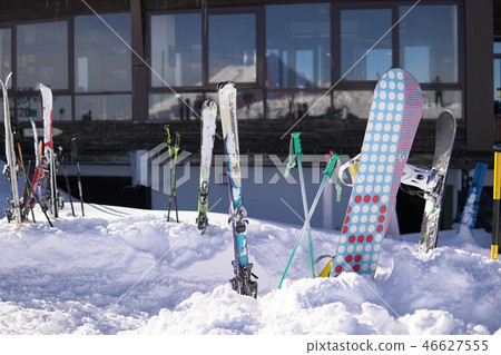 Alpine snowboards winter sports resort blue sky winter ski resort 46627555
