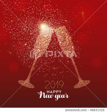 New Year 2019 gold glitter glass toast card - Stock Illustration ...