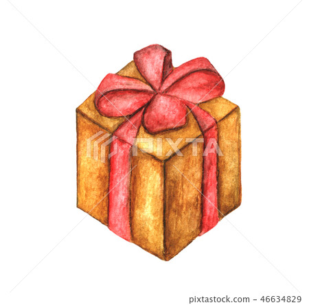 Box with red ribbon. watercolor illustration. Box with red ribbon. watercolor illustration. 46634829