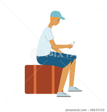 Vector flat man tourist with travel bag suitcase - Stock Illustration ...
