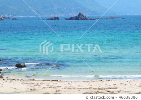 Seascape White sandy beach Blue sea and sky Seaweed launched Seascape White sandy beach Blue sea and sky Seaweed launched 46638386