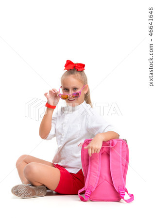 Full length portrait of cute little kid in stylish sunglasses looking at camera and smiling Full length portrait of cute little kid in stylish sunglasses looking at camera and smiling 46641648