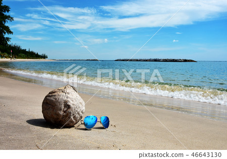 Sun Glasses and Coconut on the Sea beach Sun Glasses and Coconut on the Sea beach 46643130