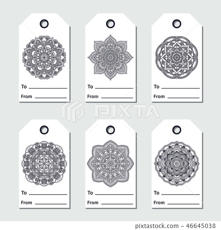 Gift tags set with mandala. Ethnic round ornament. Hand drawn indian moroccan arabic oriental motif 46645038