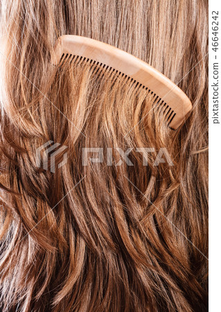 Straight brown hair with wooden comb closeup 46646242