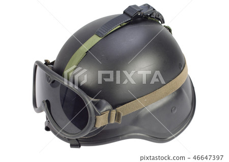 army kevlar helmet with goggles isolated 46647397