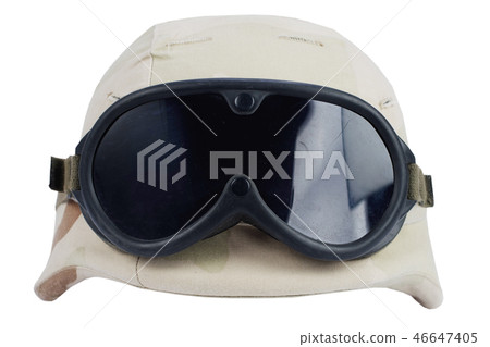 army kevlar helmet with goggles isolated 46647405