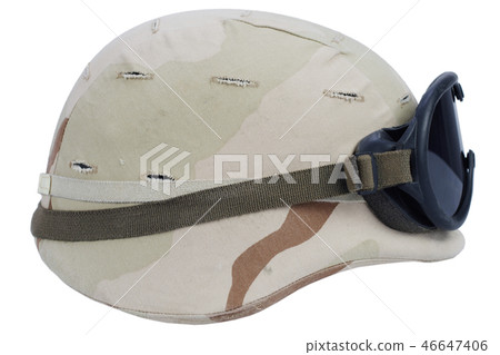 army kevlar helmet with goggles isolated 46647406