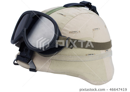 army kevlar helmet with goggles isolated 46647419