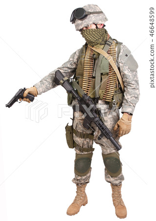 US soldier with handgun on white background 46648599