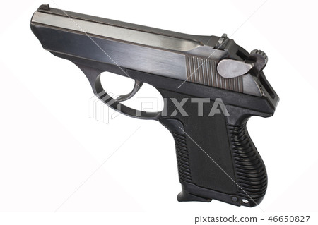 handgun with ammunition on the wooden table 46650827
