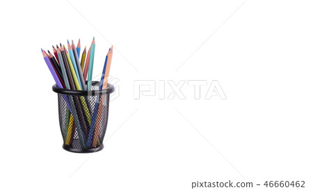 Colored pencils in a pencil case on white background Colored pencils in a pencil case on white background 46660462