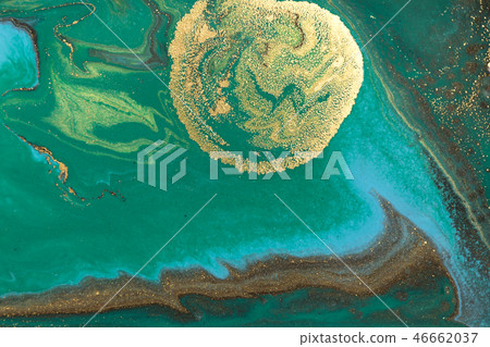 Gold marbling texture design. Green and golden marble pattern. Fluid art. 46662037