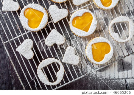 tasty Heart shaped linzer cookies, top view 46665206
