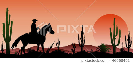 Desert, man riding a horse , cacti, sunset Desert, man riding a horse , cacti, sunset 46668461
