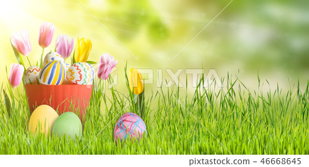 Easter Background with Eggs and Tulips 46668645