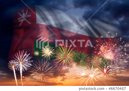 Fireworks and flag of Oman 46670487