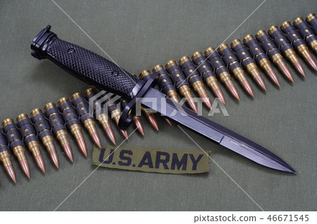 bayonet and ammunition belt on US ARMY uniform 46671545