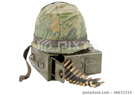 US Army Ammo Box with ammunition belt and helmet 46672314