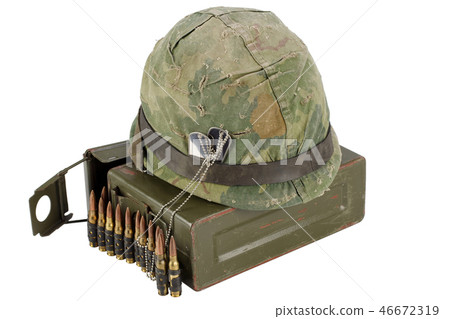 US Army Ammo Box with ammunition belt and helmet 46672319