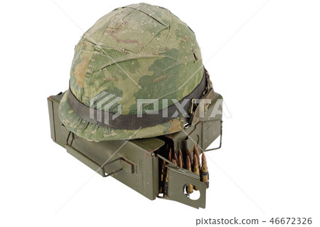 US Army Ammo Box with ammunition belt and helmet 46672326