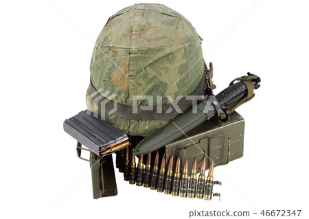Ammo Box with ammunition belt, bayonet and helmet 46672347