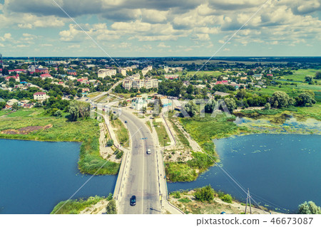 Aerial view of the concrete bridge over the River Aerial view of the concrete bridge over the River 46673087