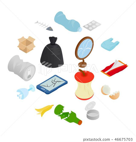 Waste and garbage icons set, isometric 3d style Waste and garbage icons set, isometric 3d style 46675703