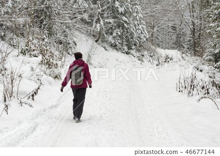 Girl with a backpack walking along the road Girl with a backpack walking along the road 46677144