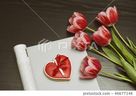 Holiday concept. Bouquet of pink tulips Holiday concept. Bouquet of pink tulips 46677146