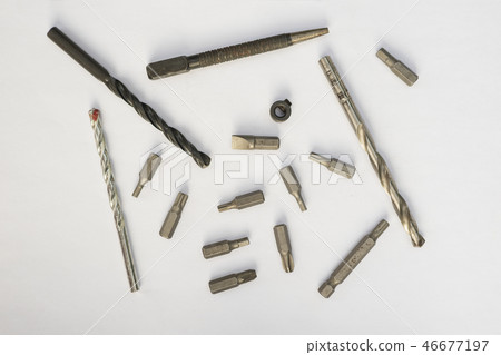 Work tool concept. Set of drills and bits Work tool concept. Set of drills and bits 46677197