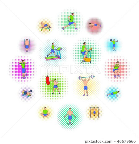 Gym icons set, pop-art style Gym icons set, pop-art style 46679660