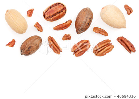 pecan nut isolated on white background with copy space for your text. Top view. Flat lay pecan nut isolated on white background with copy space for your text. Top view. Flat lay 46684330