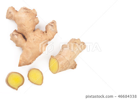 fresh Ginger root and slice isolated on white background with copy space for your text. Top view fresh Ginger root and slice isolated on white background with copy space for your text. Top view 46684338