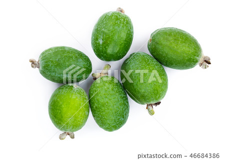 Tropical fruit feijoa Acca sellowiana isolated on white background. Top view. Flat lay pattern 46684386