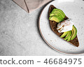 breakfast of poached egg and avocado on toast 46684975