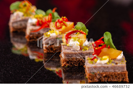 Fat on black bread with vegetables and oil Fat on black bread with vegetables and oil 46689732