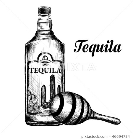 Bottle of tequila with lime and glass. painted by hand Bottle of tequila with lime and glass. painted by hand 46694724